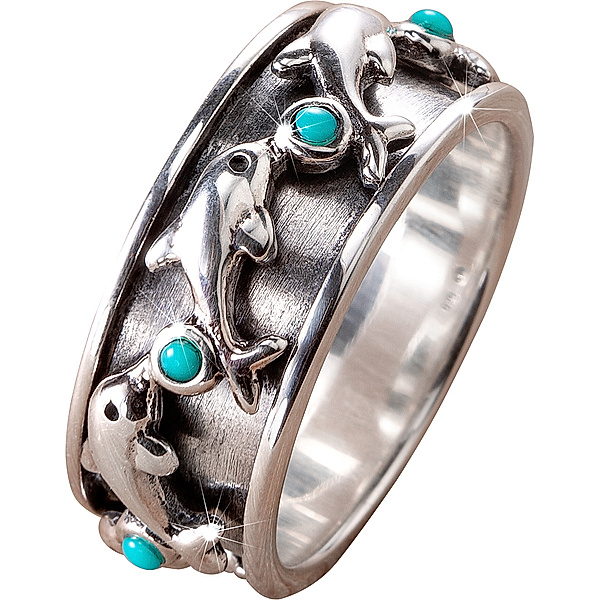 CM Antistress-Ring Delfine mit Türkis,  925 Silber (Größe: 20)