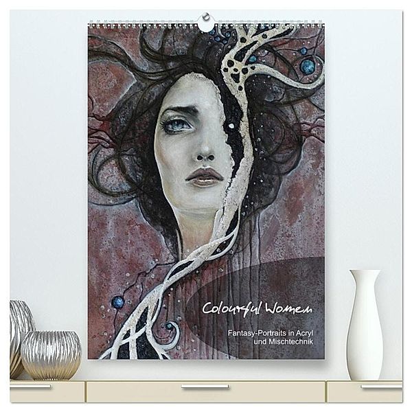 Colourful Women - Fantasy-Frauenportraits in Acryl und Mischtechnik (hochwertiger Premium Wandkalender 2024 DIN A2 hoch), Kunstdruck in Hochglanz, JuPasArt
