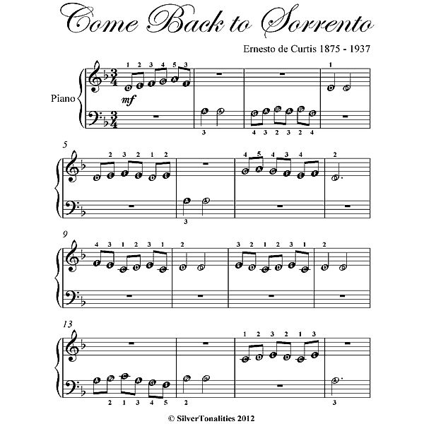 Come Back to Sorrento - Beginner Piano Sheet Music, Silver Tonalities