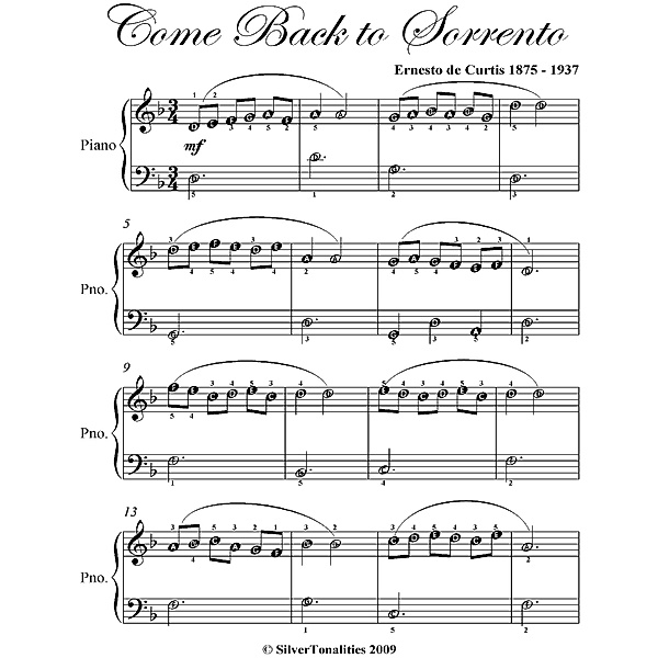Come Back to Sorrento Easiest Piano Sheet Music, Ernesto De Curtis