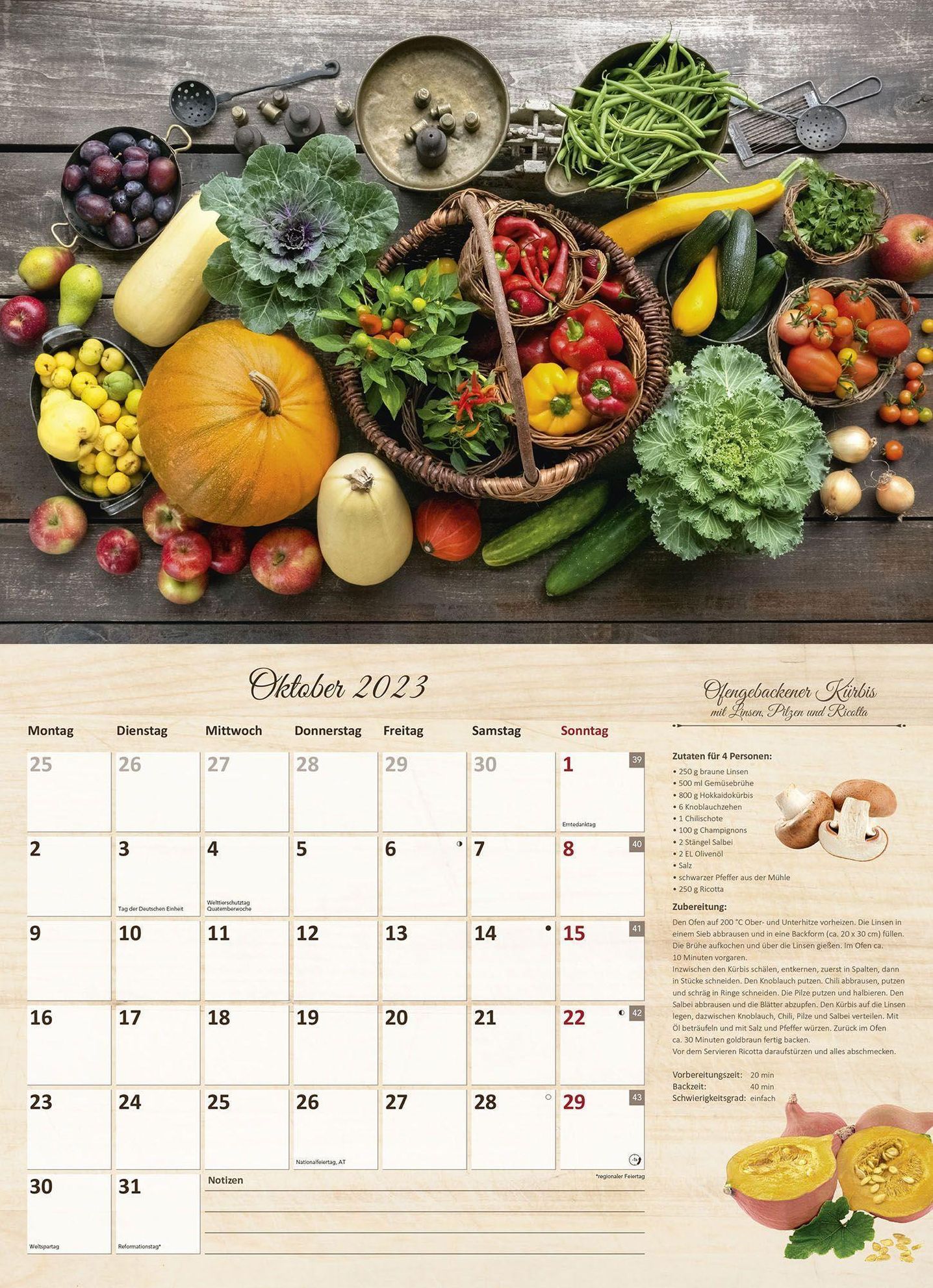 Culinaria - Der große Küchenkalender 2023 - Bildkalender 42x29 cm 42x58  geöffnet - Rezeptkalender - inkl. Saisonkalend - Kalender bestellen