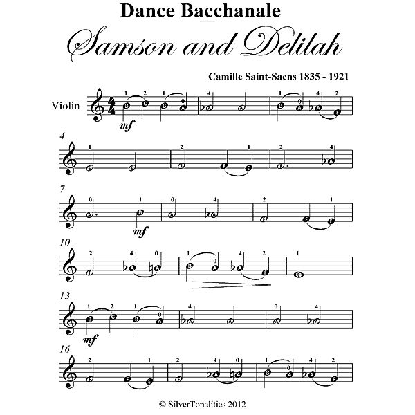 Dance Bacchanale Samson and Delilah Easy Violin Sheet Music, Camille Saint Saens