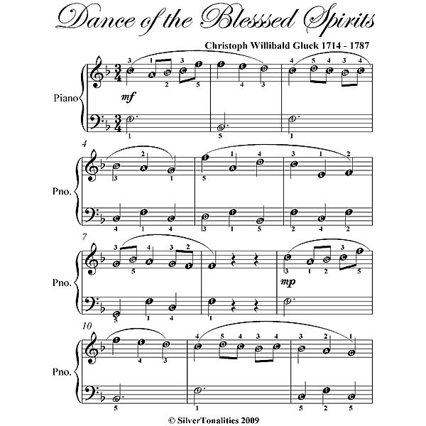 Dance of the Blessed Spirits Easy Piano Sheet Music, Christoph Willibald Gluck