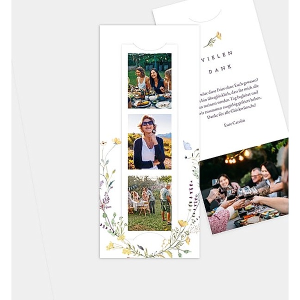 Dankeskarte Blütengarten, Fotostreifen mit Tasche (90 x 210mm)