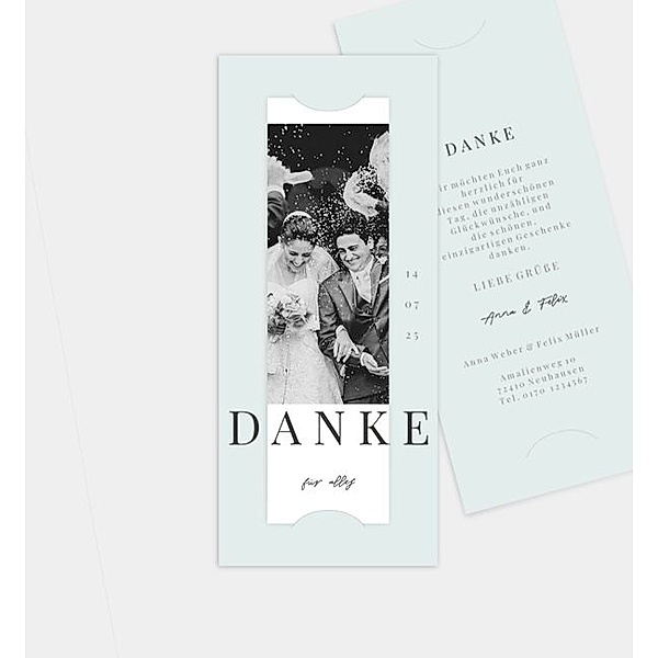 Dankeskarte Editorial wedding style, Fotostreifen mit Tasche (90 x 210mm)