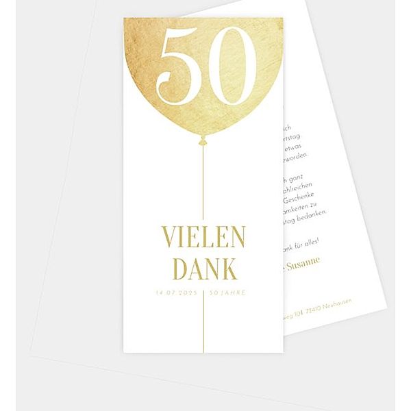 Dankeskarte Goldener Ballon, Postkarte hoch (100 x 210mm)