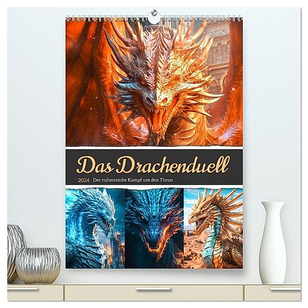 Das Drachenduell (hochwertiger Premium Wandkalender 2024 DIN A2 hoch), Kunstdruck in Hochglanz, Steffen Gierok-Latniak