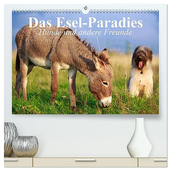 Das Esel-Paradies - Hunde und andere Feunde (hochwertiger Premium Wandkalender 2025 DIN A2 quer), Kunstdruck in Hochglanz, Calvendo, Elisabeth Stanzer