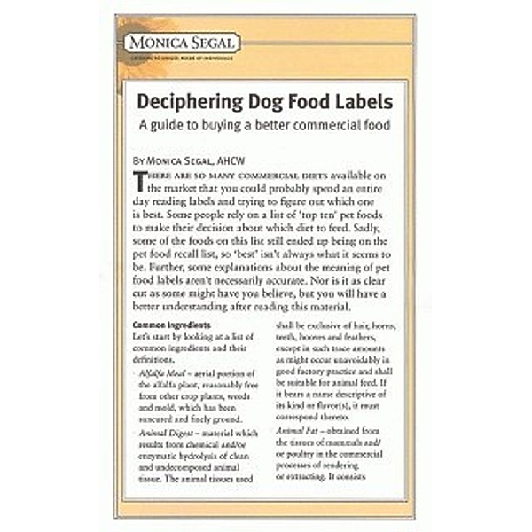 Deciphering Dog Food Labels, Monica Segal