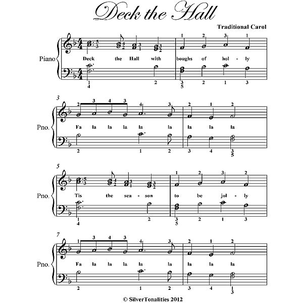 Deck the Hall Easy Elementary Piano Sheet Music, Traditional Carol