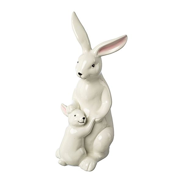 Deko-Figur Hase mit Kind aus Keramik (Farbe: weiss)
