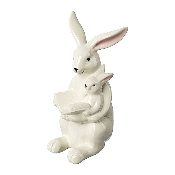 Deko-Figur Hase mit Kind und Buch aus Keramik (Farbe: weiß)