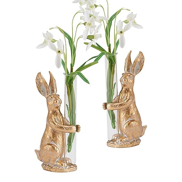 Deko-Figur-Set, Hase mit Minivase-2tlg. Goldfarben