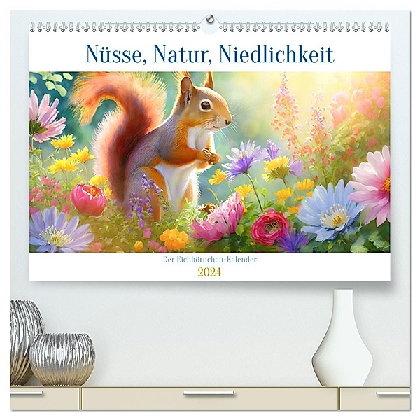 Der Eichhörnchen-Kalender (hochwertiger Premium Wandkalender 2024 DIN A2 quer), Kunstdruck in Hochglanz, Calvendo, Motomi AI