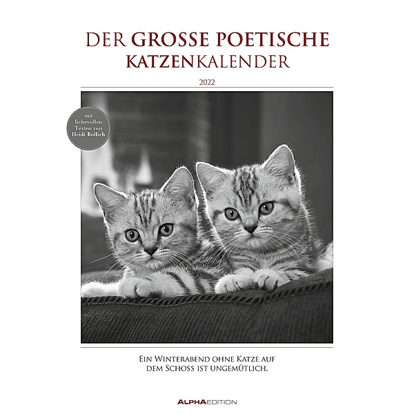 Der große poetische Katzenkalender 2022 - Bildkalender A3 (29,7x42 cm) - mit schönen Zitaten - schwarz-weiß - Tierkalend