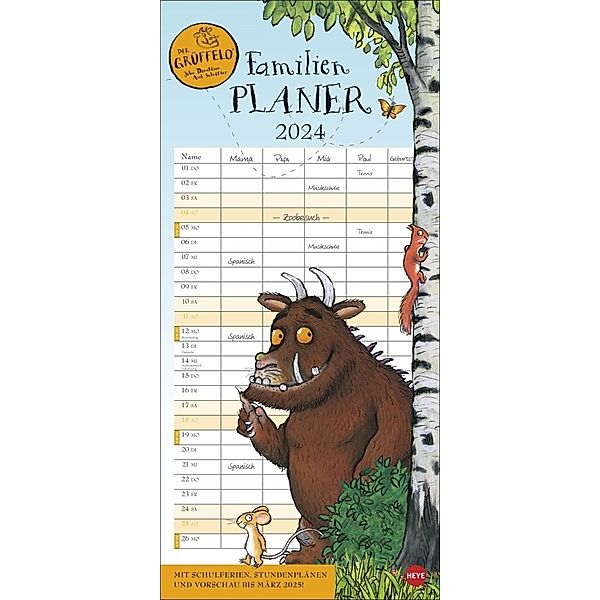 Der Grüffelo Familienplaner 2024. Witziger Kalender mit den bekannten Figuren aus dem Kinderbuch-Klassiker. Hochkant-Format: Langer Kalender mit 5 Spalten für Übersicht und Planung.