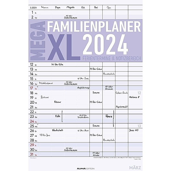 Der MEGA-Familienplaner XL 2024 mit 8 Spalten - Familien-Timer 33x49,5 cm - Offset-Papier - mit Ferienterminen - Wand-Planer - Alpha Edition