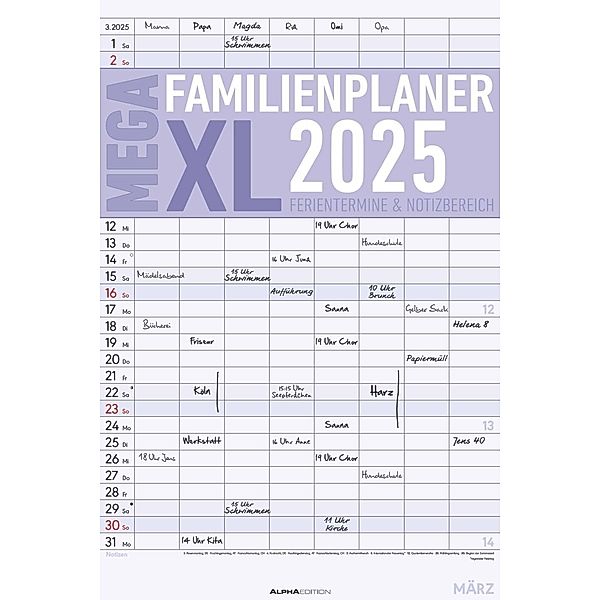 Der MEGA-Familienplaner XL 2025 mit 8 Spalten - Familien-Timer 33x49,5 cm - Offset-Papier - mit Ferienterminen - Wand-Planer - Alpha Edition