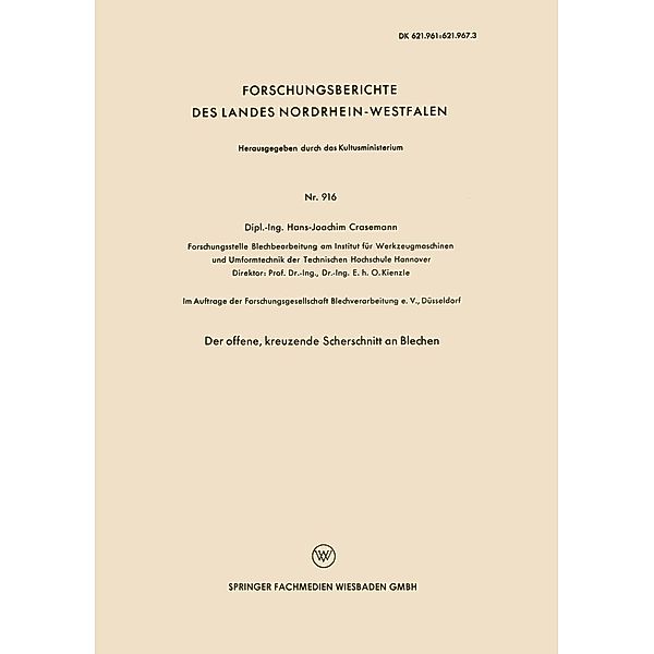 Der offene, kreuzende Scherschnitt an Blechen / Forschungsberichte des Landes Nordrhein-Westfalen Bd.916, Hans-Joachim Crasemann
