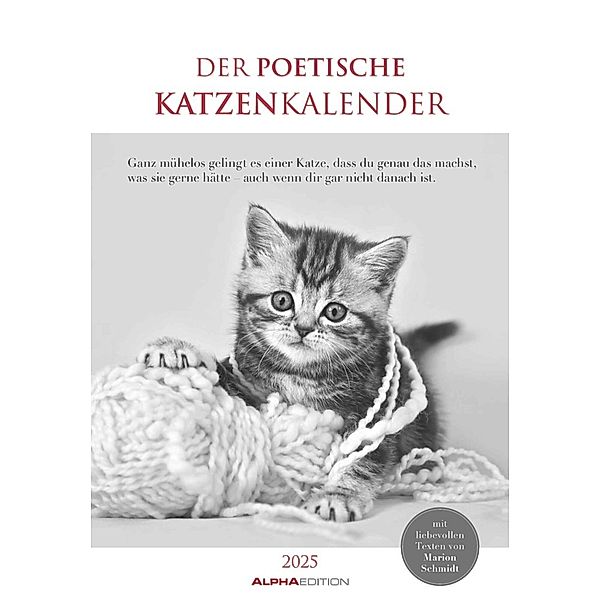 Der poetische Katzenkalender 2025 - Bild-Kalender 23,7x34 cm - mit schönen Zitaten - schwarz-weiss - Wandkalender - mit Platz für Notizen - Alpha Edition