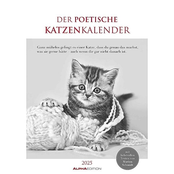 Der poetische Katzenkalender 2025 - Bild-Kalender 23,7x34 cm - mit schönen Zitaten - schwarz-weiß - Wandkalender - mit Platz für Notizen - Alpha Edition