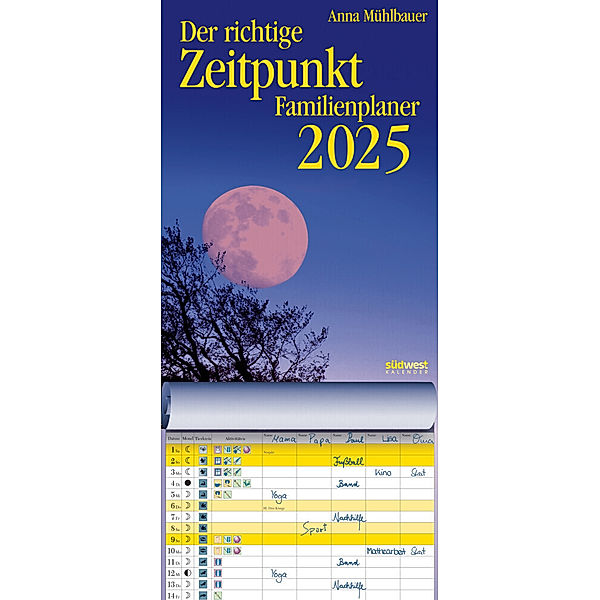 Der richtige Zeitpunkt Familienplaner 2025  - Monats-Wandkalender zum Aufhängen, mit Spiralbindung, 22,4 x 48,5 cm, Anna Mühlbauer