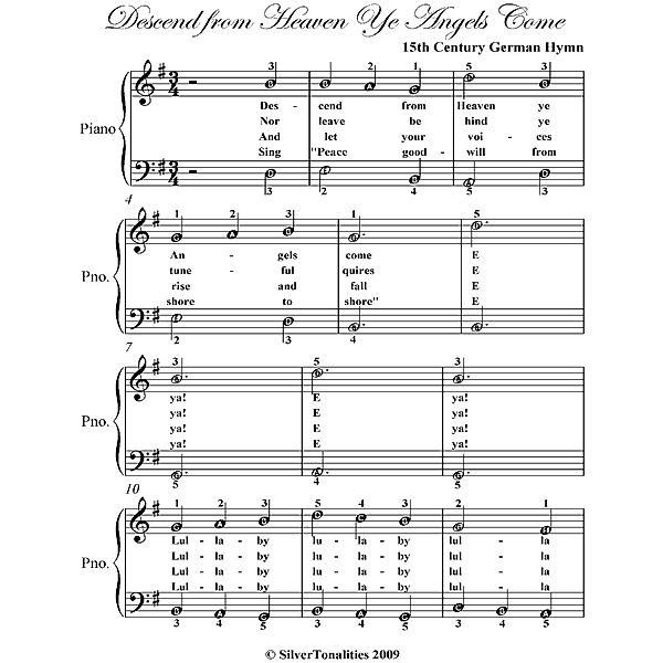 Descend from Heaven Ye Angels Come Easy Piano Sheet Music, 15th Century German Hymn