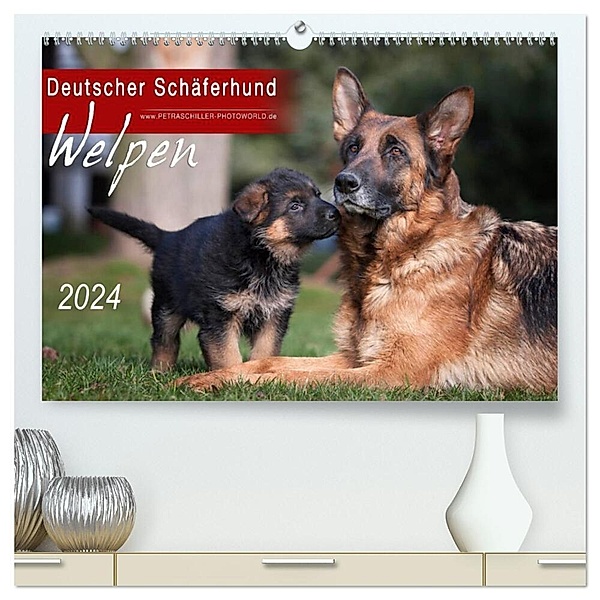 Deutscher Schäferhund - Welpen / CH-Version (hochwertiger Premium Wandkalender 2024 DIN A2 quer), Kunstdruck in Hochglanz, Petra Schiller