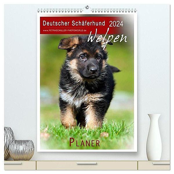 Deutscher Schäferhund - Welpen, Planer (hochwertiger Premium Wandkalender 2024 DIN A2 hoch), Kunstdruck in Hochglanz, Petra Schiller