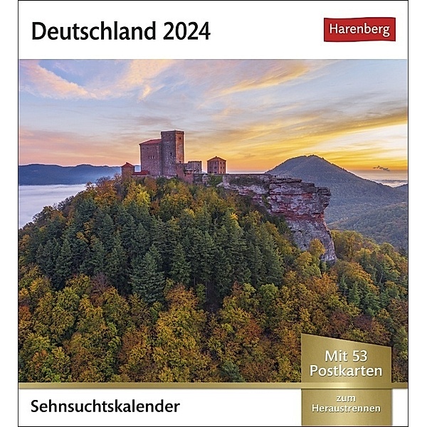 Deutschland Sehnsuchtskalender 2024. Reise-Kalender mit 53 hochwertigen Postkarten der schönsten Plätze Deutschlands. Postkartenkalender 2024. 16 x 17,5 cm