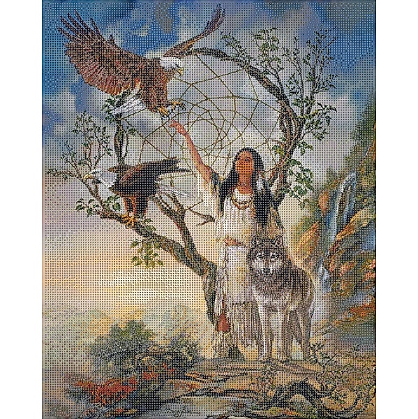 Diamond Painting Indianerin mit Wolf und Adlern 40 x 50 cm