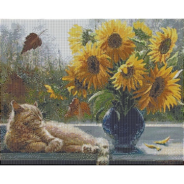 Diamond Painting Sonnenblumen mit Katze 50x40 cm