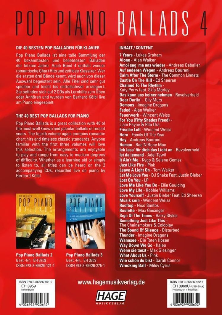 Die 40 besten Pop Piano Ballads, m. 2 Audio-CDs Buch versandkostenfrei