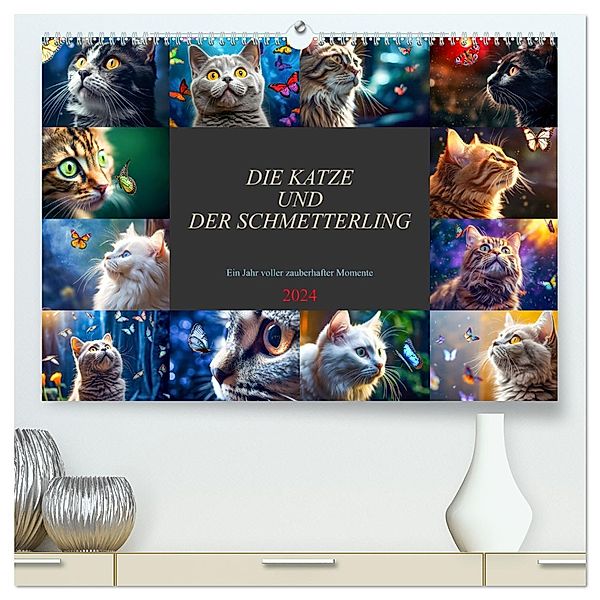 Die Katze und der Schmetterling (hochwertiger Premium Wandkalender 2024 DIN A2 quer), Kunstdruck in Hochglanz, Dirk Meutzner