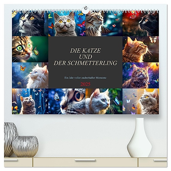 Die Katze und der Schmetterling (hochwertiger Premium Wandkalender 2025 DIN A2 quer), Kunstdruck in Hochglanz, Calvendo, Dirk Meutzner