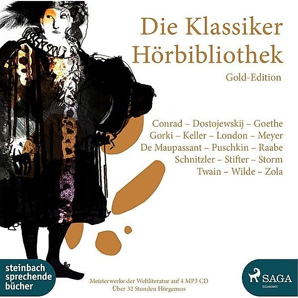 Die Klassiker Hörbibliothek Gold-Edition,4 Audio-CD, 4 MP3, Josef Conrad, Fjodor M. Dostojewskij, Johann Wolfgang von Goethe, Maxim Gorki, Gottfried Keller, Jack London, Guy de Maupassant, Conrad Ferdinand Meyer, Alexander S. Puschkin, Wilhelm Raabe, Arthur Schnitzler, Adalbert Stifter, Theodor Storm, Mark Twain, Oscar Wilde, Émile Zola