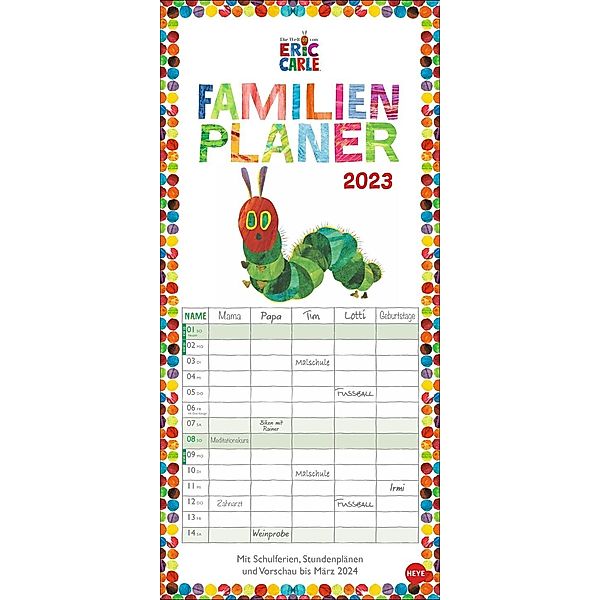 Die kleine Raupe Nimmersatt Familienplaner 2023. Familienkalender mit 5 Spalten. Liebevoll illustrierter Wandkalender mi, Eric Carle