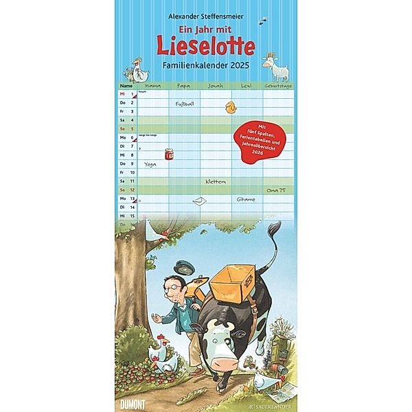 Die Kuh Lieselotte Familienkalender 2025 - Von Alexander Steffenmeier - Familienplaner mit 5 Spalten - Format 22 x 49,5 cm