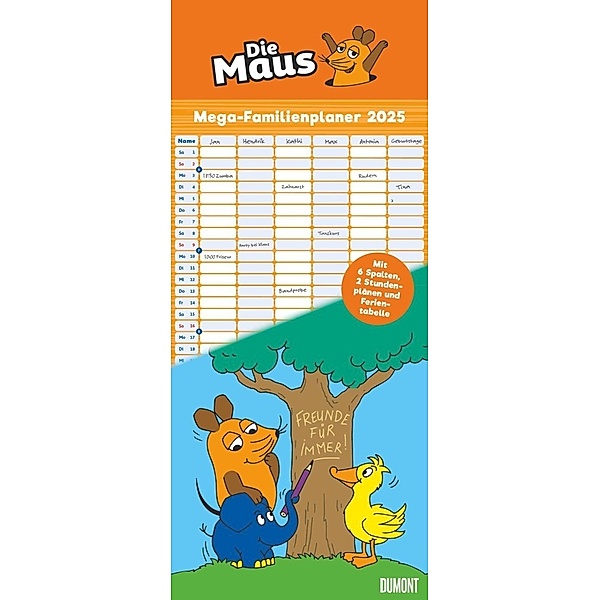 Die Maus 2025 - DUMONT Mega-Familienkalender mit 6 Spalten - Familienplaner mit 2 Stundenplänen und Ferientabelle - Hochformat 30,0 x 70,0 cm
