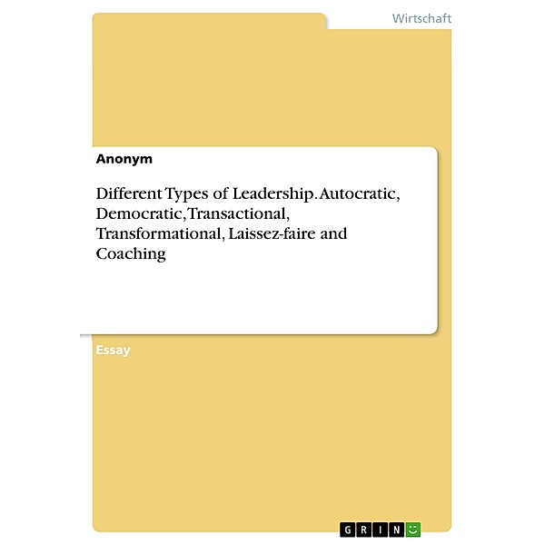 Different Types of Leadership. Autocratic, Democratic, Transactional, Transformational, Laissez-faire and Coaching