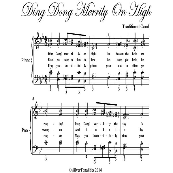 Ding Dong Merrily On High Easy Intermediate Piano Sheet Music, Traditional Carol