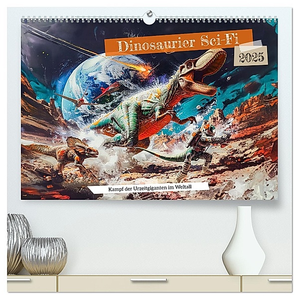 Dinosaurier Sci-Fi - Kampf der Urzeitgiganten im Weltall (hochwertiger Premium Wandkalender 2025 DIN A2 quer), Kunstdruck in Hochglanz, Calvendo, Anja Frost
