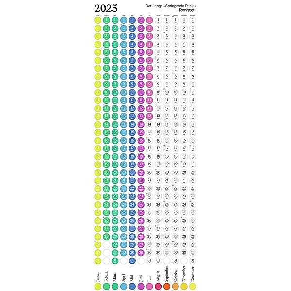 Domberger Calendars - Der Lange Springende Punkt: Das Original weiss 2025, 36x98cm, Wandkalender bestehend aus zwei Bögen, 365 gestanzte Punkte, farbenprächtig und bunt, deutsches Kalendarium