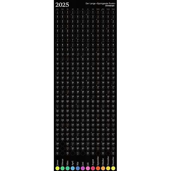 Domberger Calendars - Der Lange Springende Punkt: Das Original schwarz 2025, 36x98cm, Wandkalender bestehend aus zwei Bögen, 365 gestanzte Punkte, farbenprächtig und bunt, deutsches Kalendarium