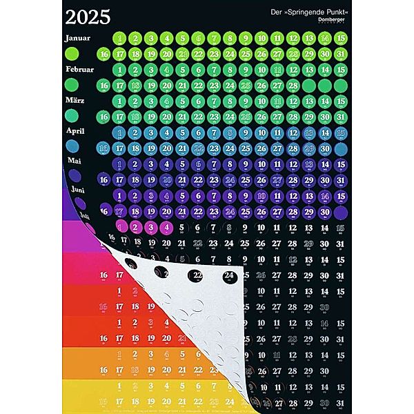Domberger Calendars - Der Springende Punkt: Das Original schwarz 2025, 57,5x81cm, Wandkalender bestehend aus zwei Bögen, 365 gestanzte Punkte, farbenprächtig und bunt, deutsches Kalendarium