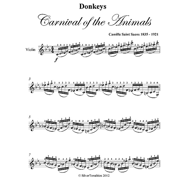 Donkeys Carnival of the Animals Easy Violin Sheet Music, Camille Saint Saens