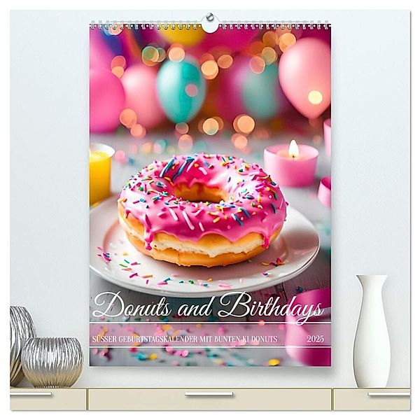 Donuts and Birthdays, süsser Geburtstagskalender mit bunte KI Donuts (hochwertiger Premium Wandkalender 2025 DIN A2 hoch), Kunstdruck in Hochglanz, Calvendo, Fred Schimak
