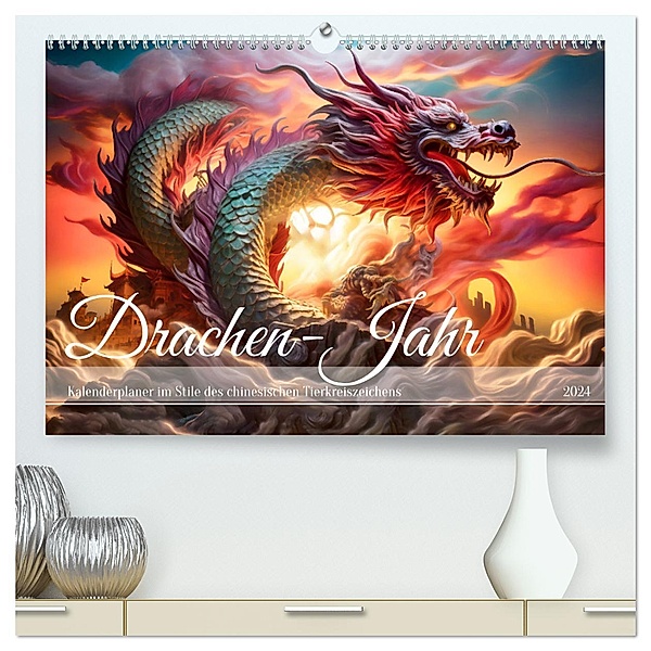 Drachen-Jahr - Kalenderplaner im Stile des chinesischen Tierkreiszeichens (hochwertiger Premium Wandkalender 2024 DIN A2 quer), Kunstdruck in Hochglanz, Calvendo, Anja Frost