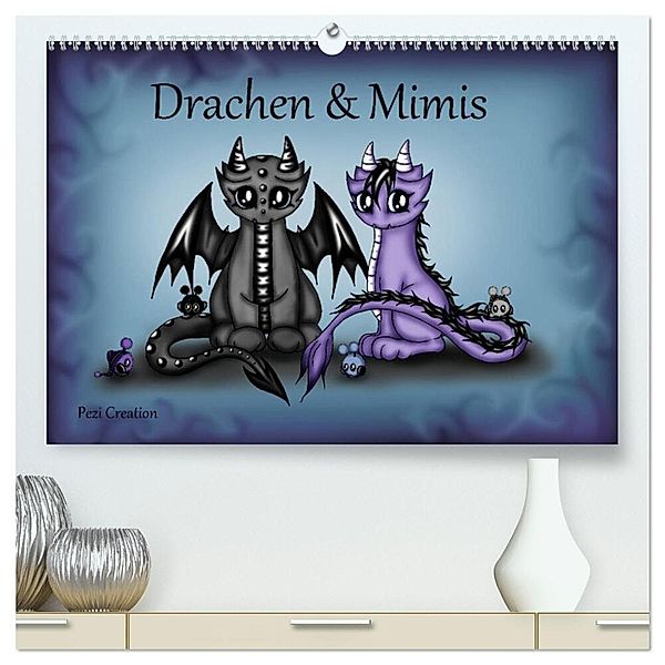 Drachen & Mimis (hochwertiger Premium Wandkalender 2024 DIN A2 quer), Kunstdruck in Hochglanz, Pezi Creation / Petra Haberhauer