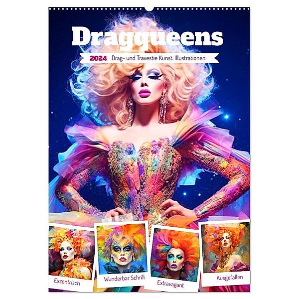 Dragqueens. Drag- und Travestie Kunst. Illustrationen (Wandkalender 2024 DIN A2 hoch), CALVENDO Monatskalender, Rose Hurley